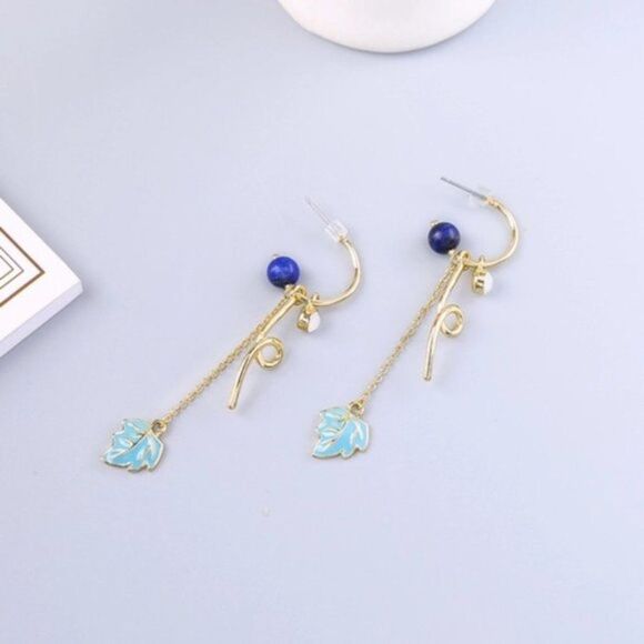 Enamel Glaze Natural Stone Leaf Gold Dangle Statement Earrings - Picture 7 of 8